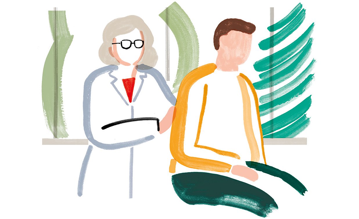 Illustration of a doctor and patient in a practical exam