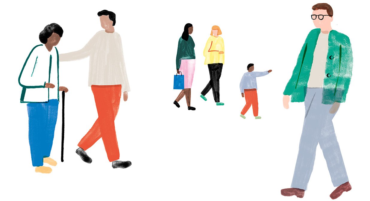 Illustration of people walking and talking